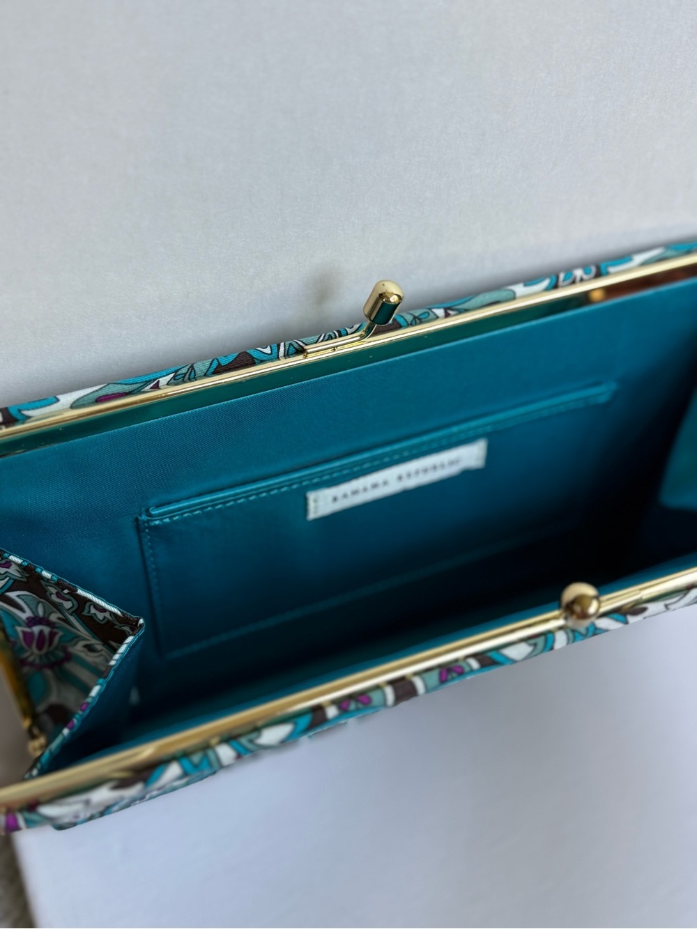 Banana Republic Teal Floral Frame Clutch with Gold Hardware